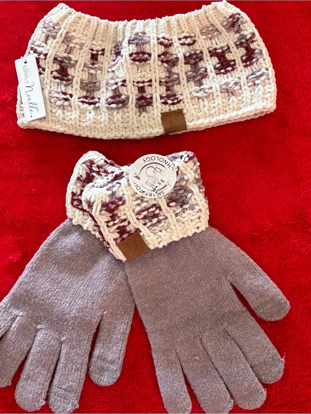 Cozy Comfort Matching Knit Headband & Gloves Set - Cream & Mauve